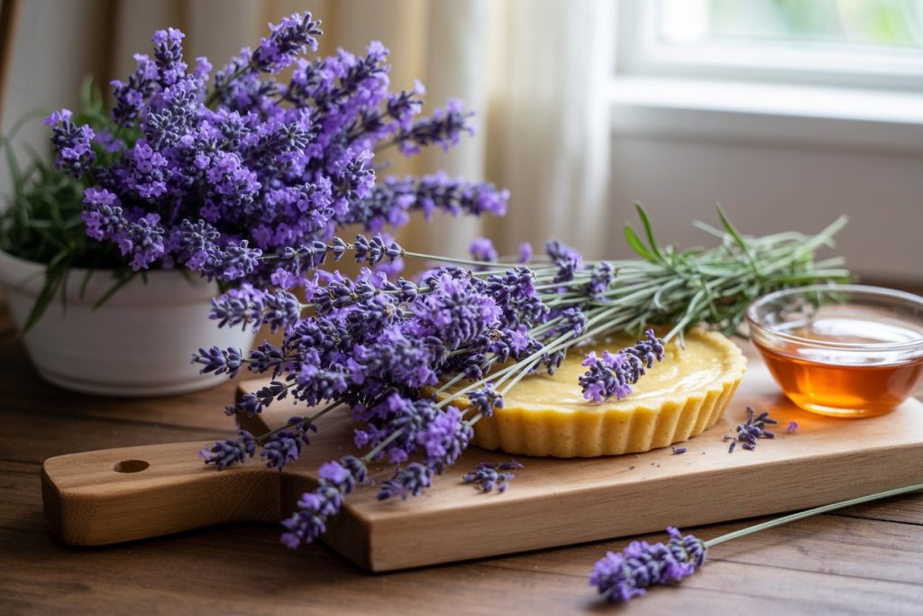 Several sprigs of lavender, a lemon tart and small bowl of lavender-infused honey