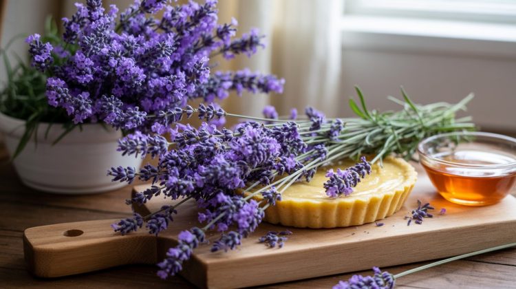 Several sprigs of lavender, a lemon tart and small bowl of lavender-infused honey