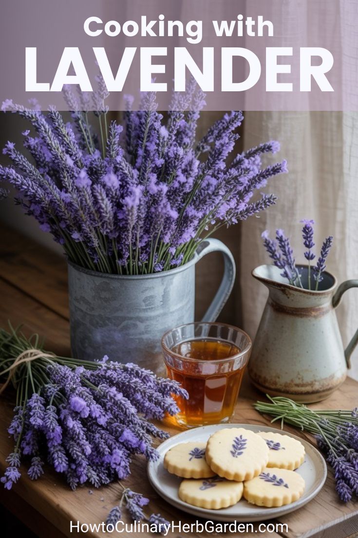 English lavender used creatively in cooking. Several bundles of freshly cut lavender arranged on a rustic wooden table next to a bowl of lavender-infused honey and a plate with "lavender shortbread cookies".