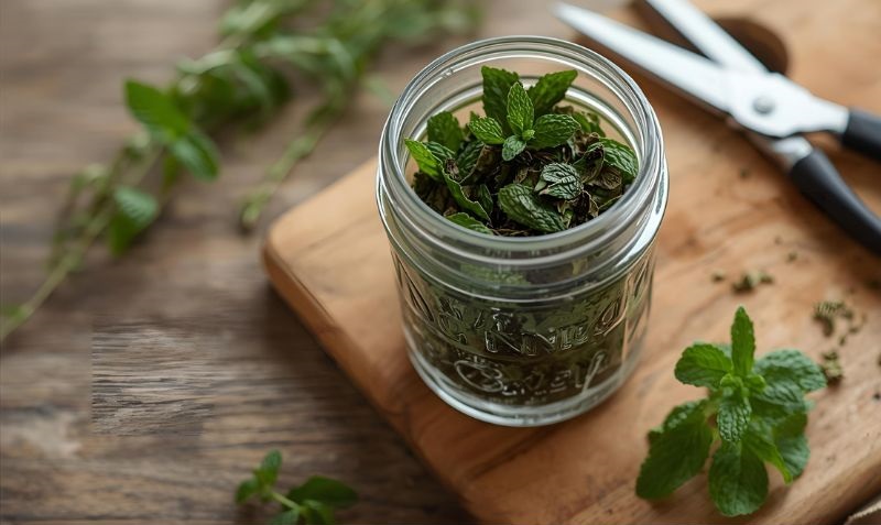 Dried mint leaves in a mason jar - ready for tea making