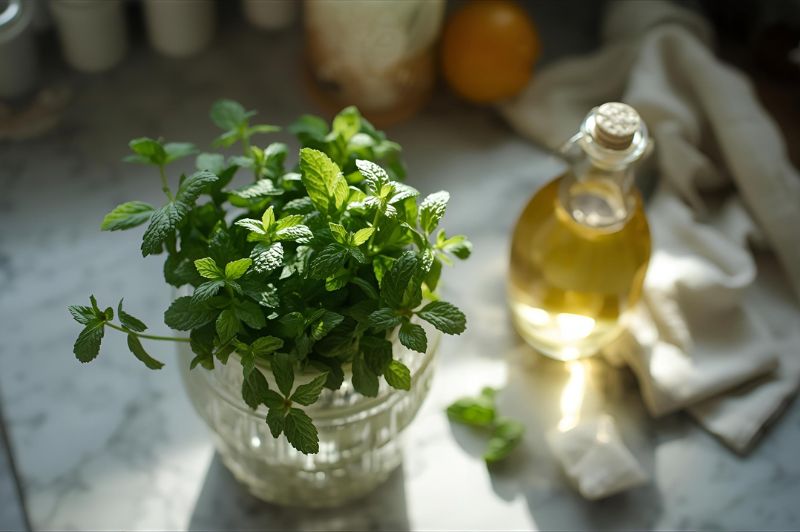Fresh leaves of mint on counter, glass jar of oil with stopper next to it