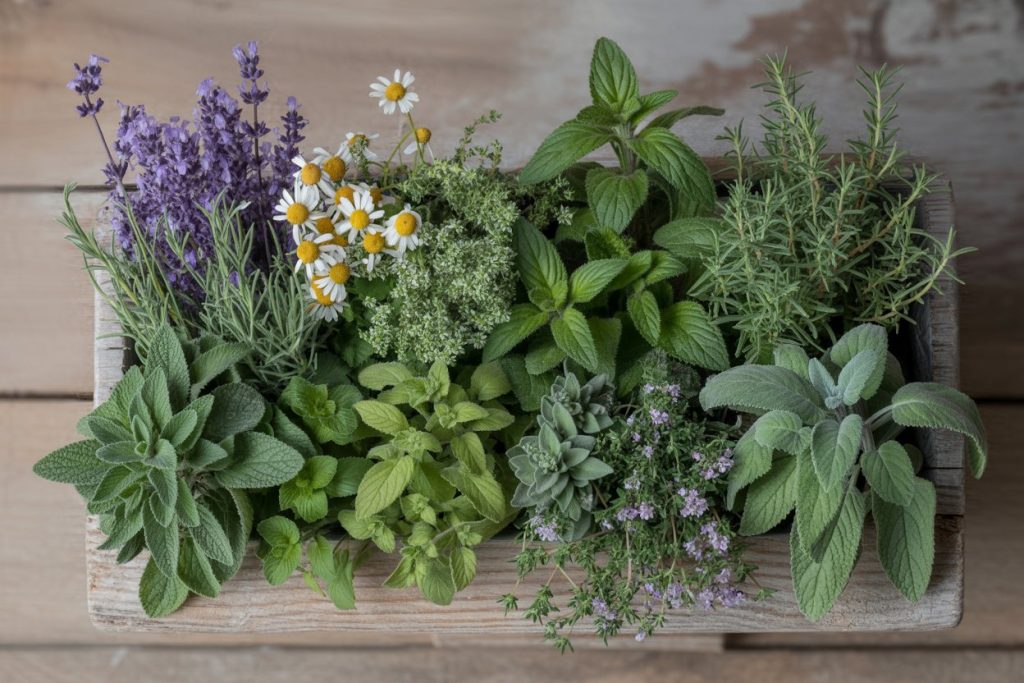 Grouping of companion plants for Lavender including - Chamomile, lemon balm, marjoram, oregano, sage, and thyme