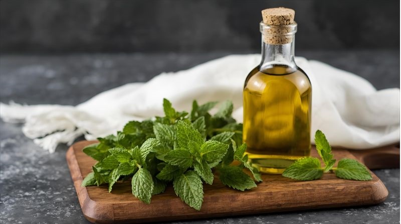 fresh mint leaves and a bottle of oil on a cutting board with cheese cloth