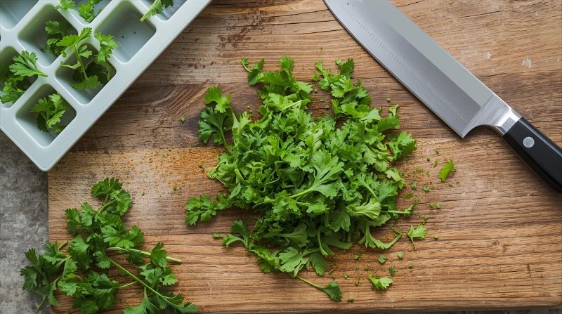 Chopped parsley on a cutting board with a chopping knife and ice cube tray