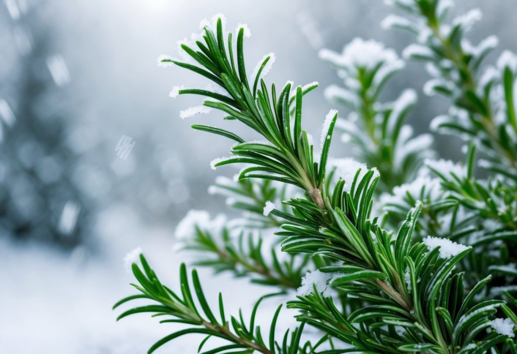 Rosemary growing outside in the snow