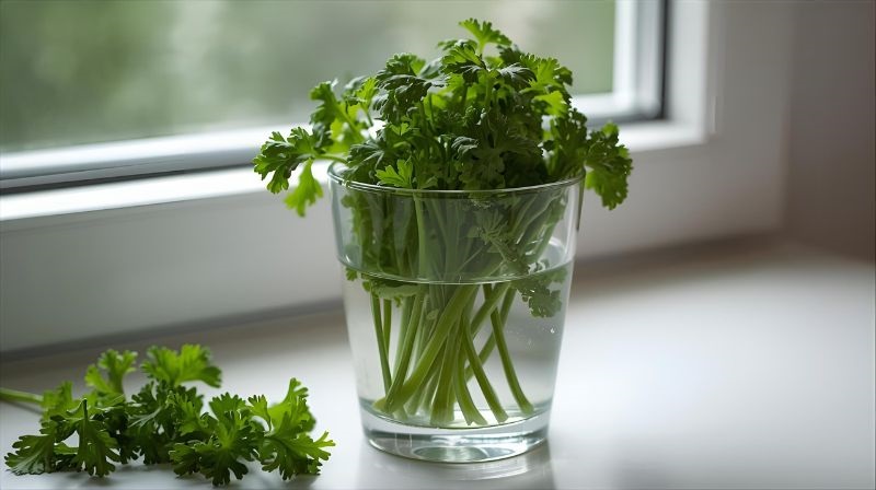 Cut parsley stems in a glass of water next to the window