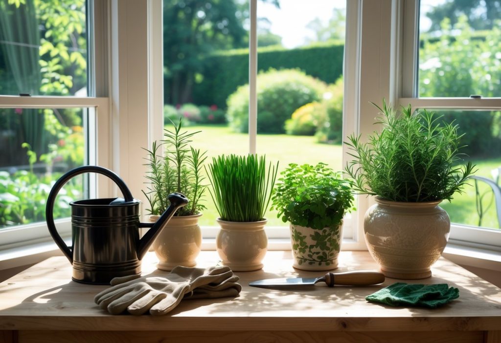 ceramic pots with herbs next to a sunny window with watering can, gloves and supplies nearby