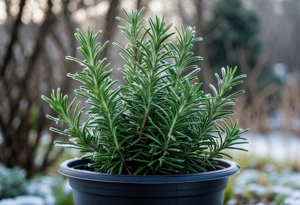 Rosemary growing in a plastic pot outside in winter