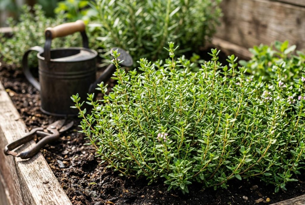 Pretty thyme plants growing outdoors in the garden