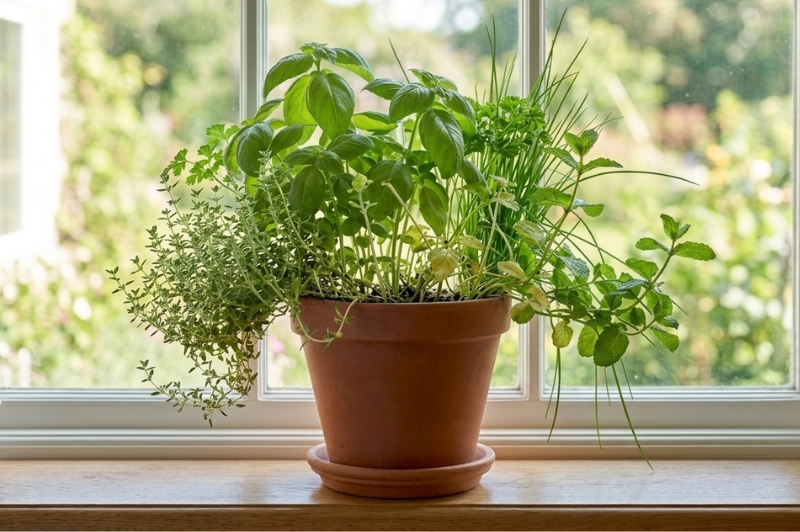 Basil, thyme, chives, parsley and mint all trying to grow in a single pot indoors