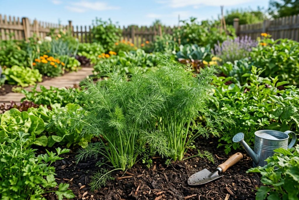 Dill growing outdoors in large garden