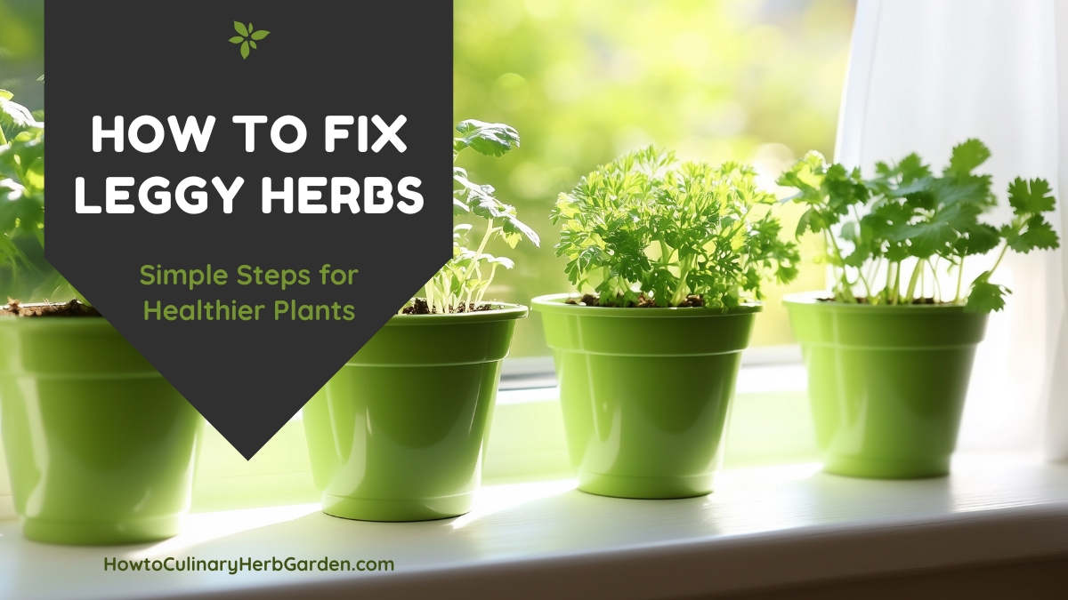 Four herbs lined up on the windowsill in their own pots - healthy growth - Overlay How to fix leggy herbs
