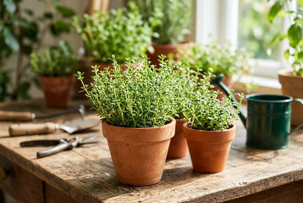 Close-up of thyme plants growing in small terracotta containers
