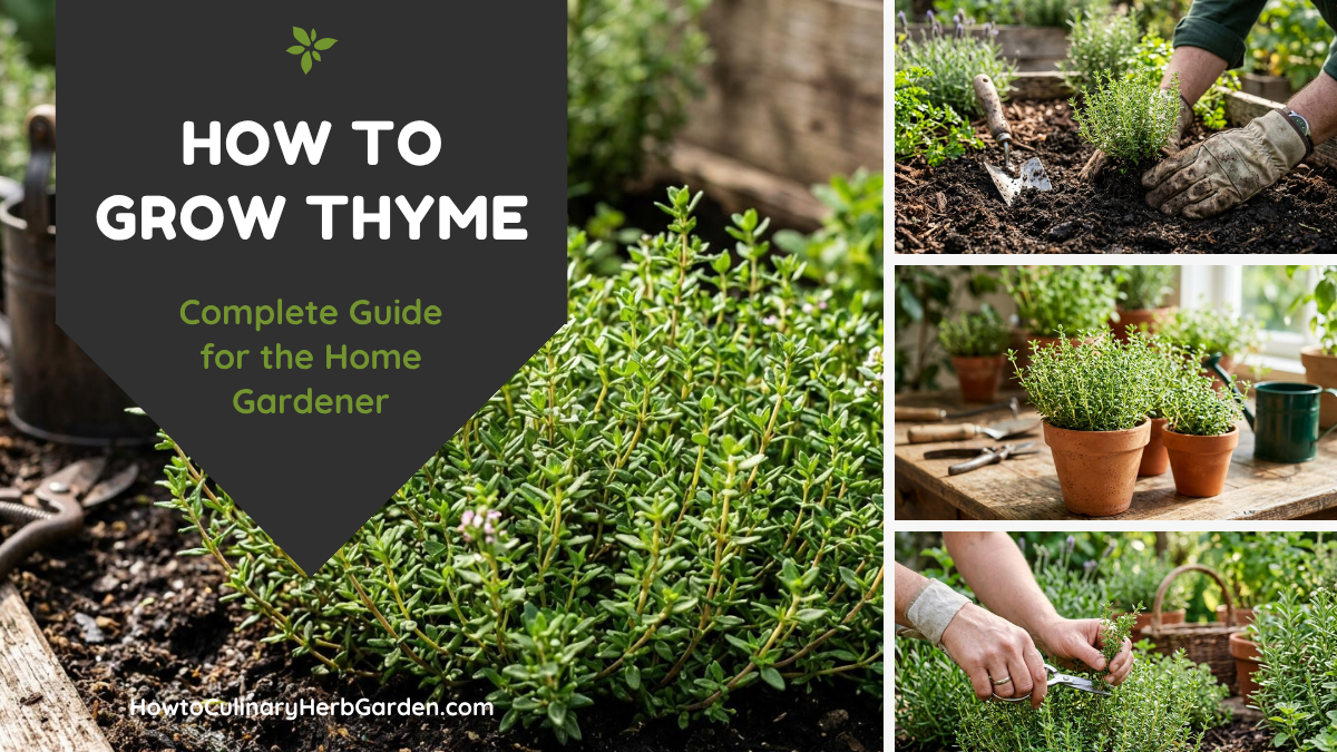 collage of growing thyme in the home garden