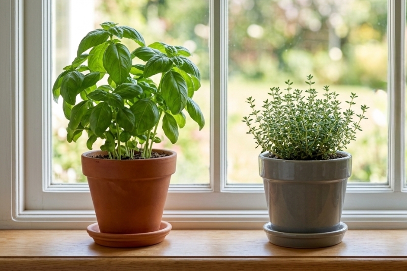 a healthy basil and thyme plant growing indoors in their own pots