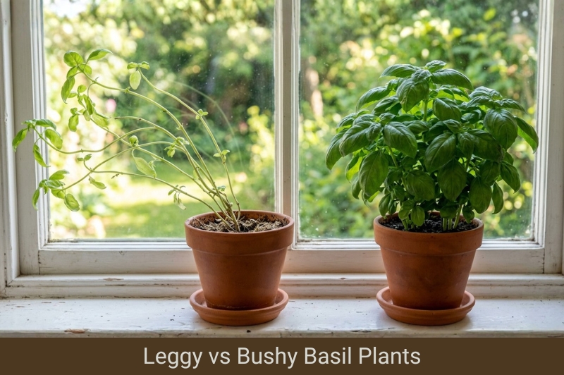 Two side by side basil plants - one with sparse leaves, tall stems and leaning for more light, the second a healthy bushy basil plant