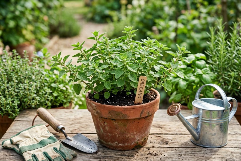 A small oregano plant growing in a terracotta pot