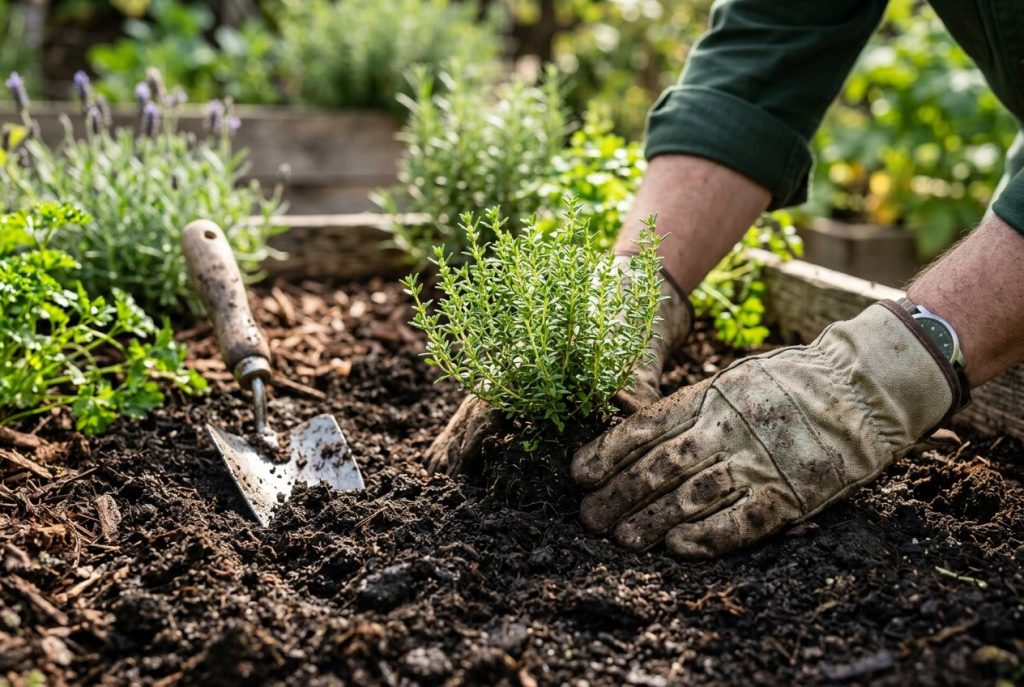 Planting thyme seedlings into soil in a garden