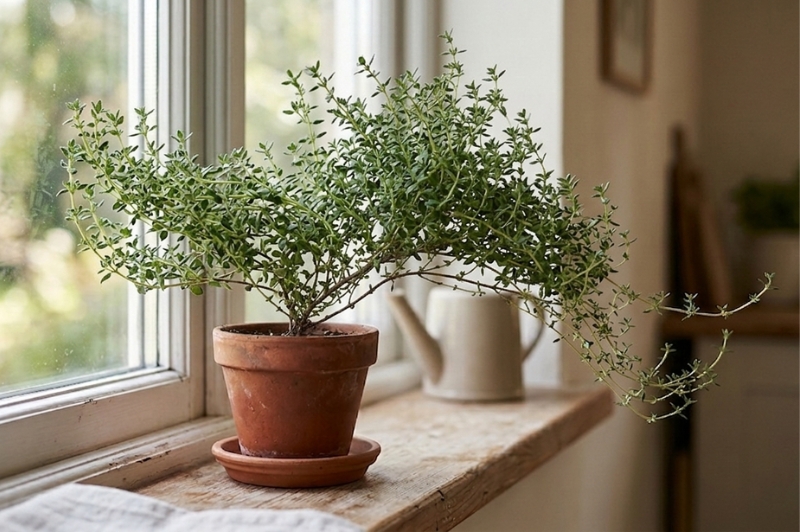Thyme plant growing indoors with stems growing longer on one side as it reaches for the light