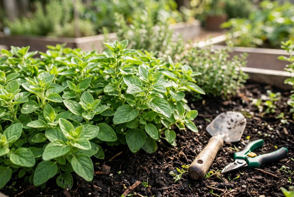 Mature oregano plants growing in a garden bed