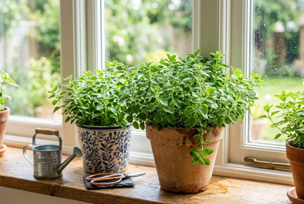 oregano plants growing in containers on a sunny windowsill