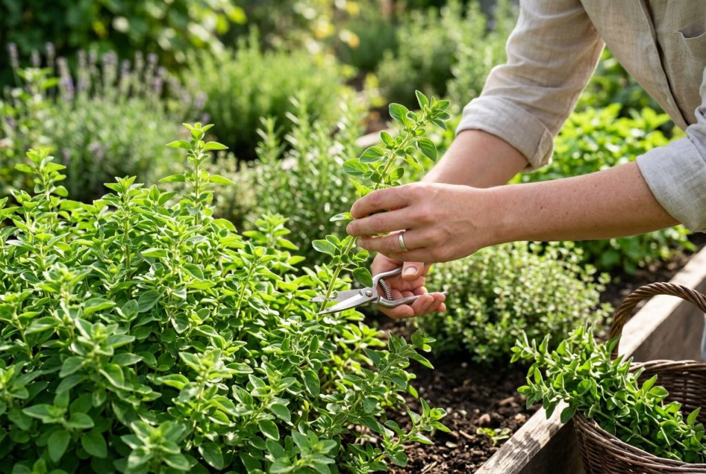 harvesting fresh oregano leaves from a healthy plant