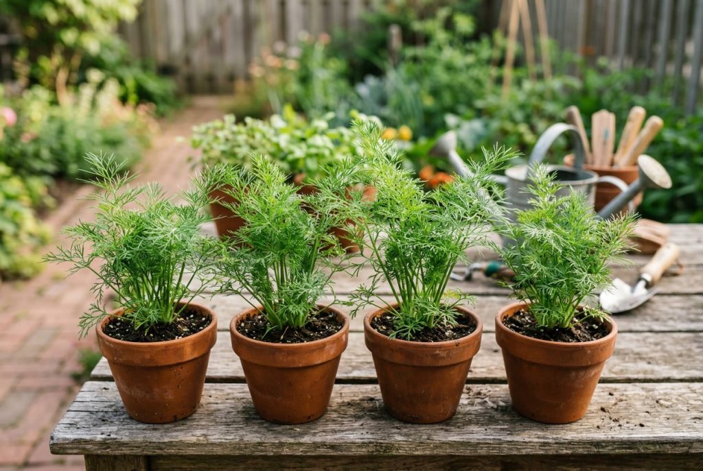 Four dill plants growing in terracotta pots