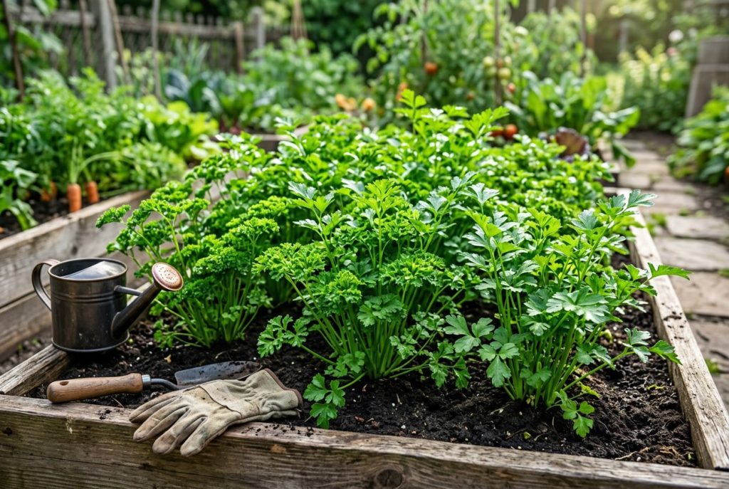 Large planting of parsley in a raised garden bed