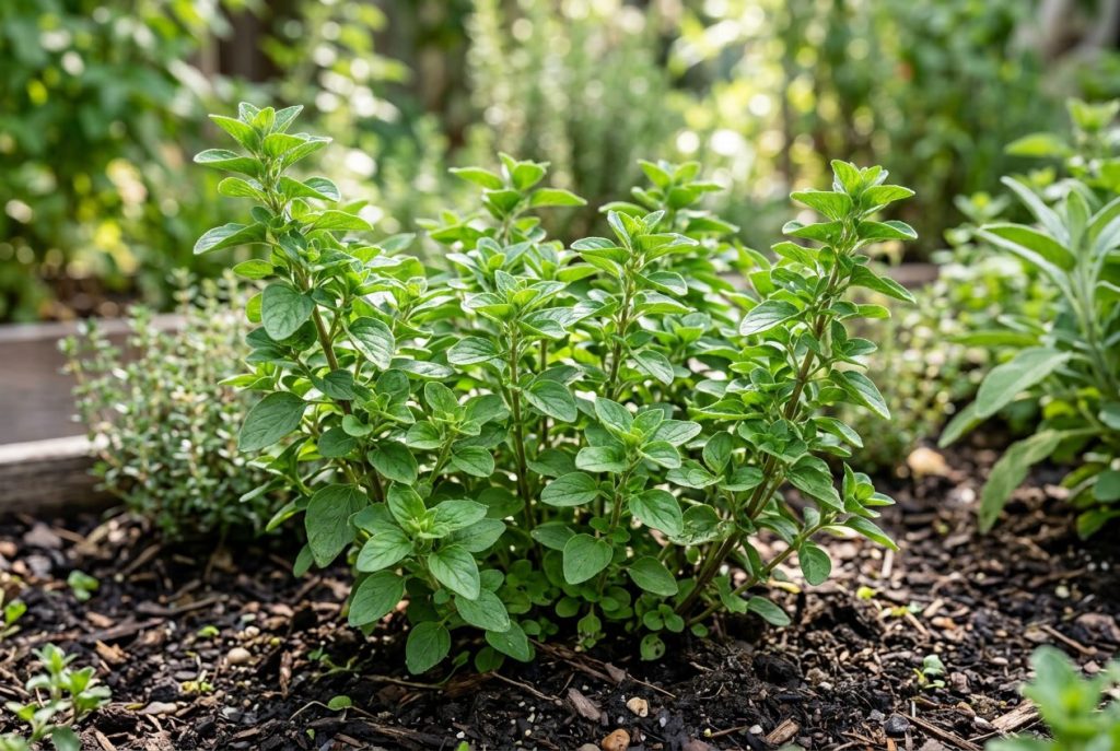 Close-up of healthy oregano plants growing outdoors