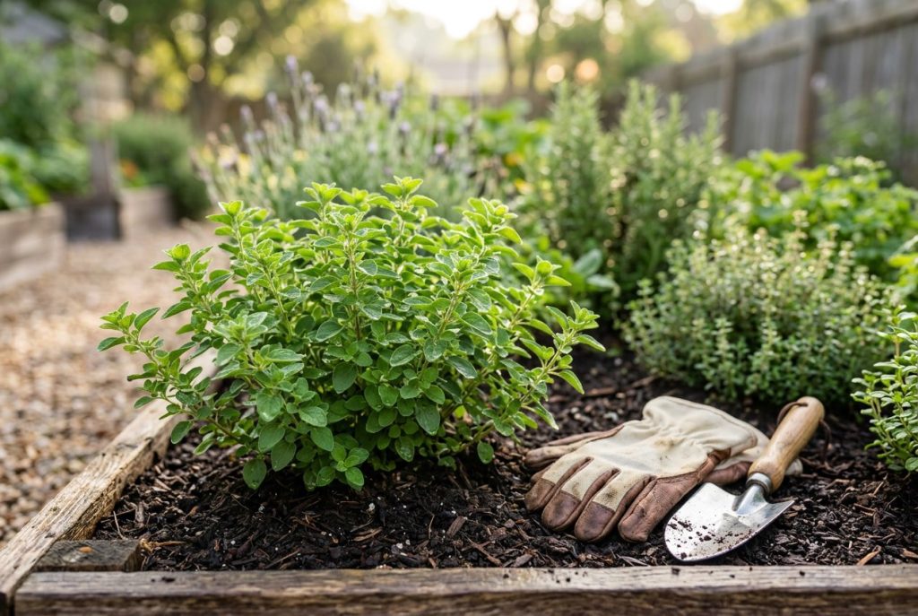 Close-up of a healthy oregano plant growing in a garden bed