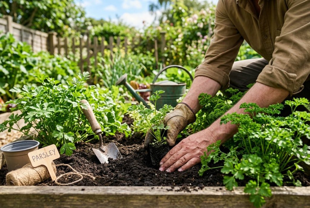 Planting a small parsley seedling into soil in a garden bed with other parsley plants nearby.