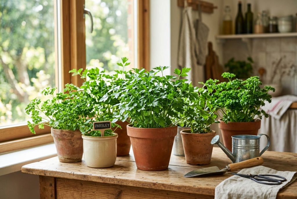 Several containers with healthy green parsley plants on a table near a sunlit window.