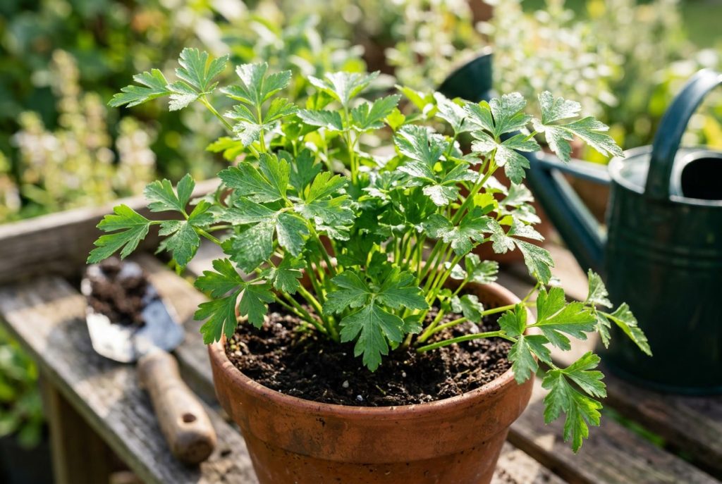 Close-up of a healthy parsley plant growing outdoors with gardening tools in the background.