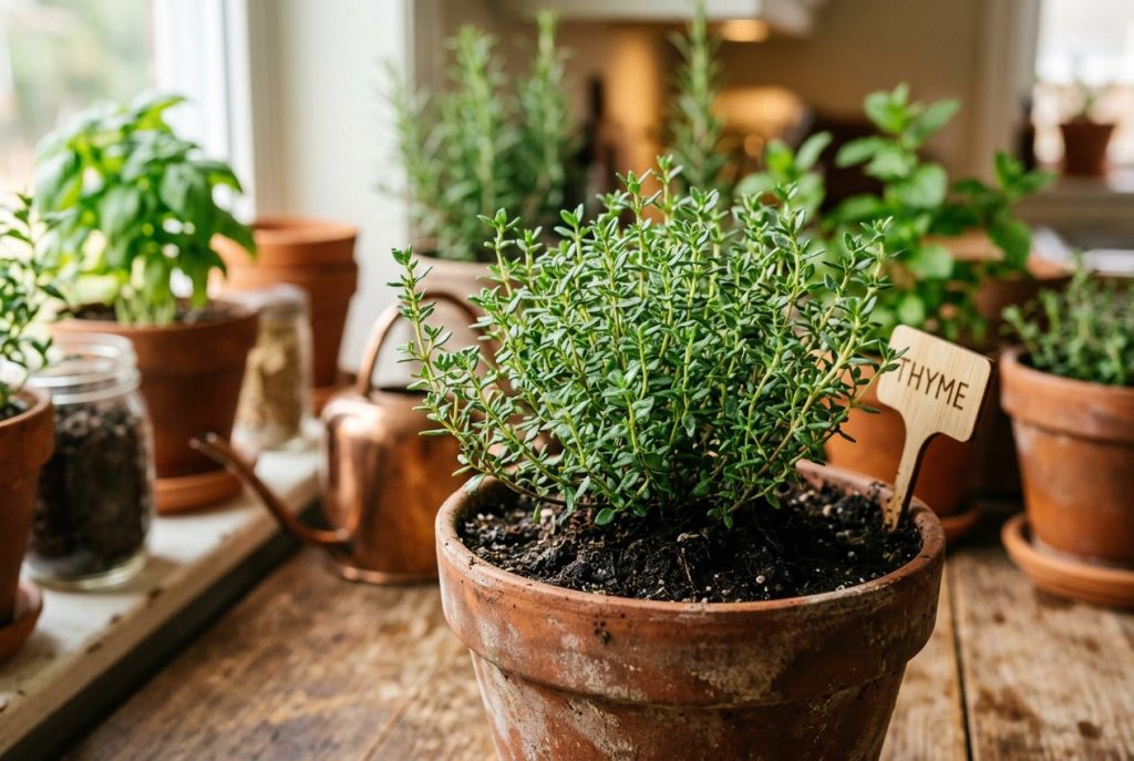 Small thyme plant growing in a terracotta pot on the potting bench