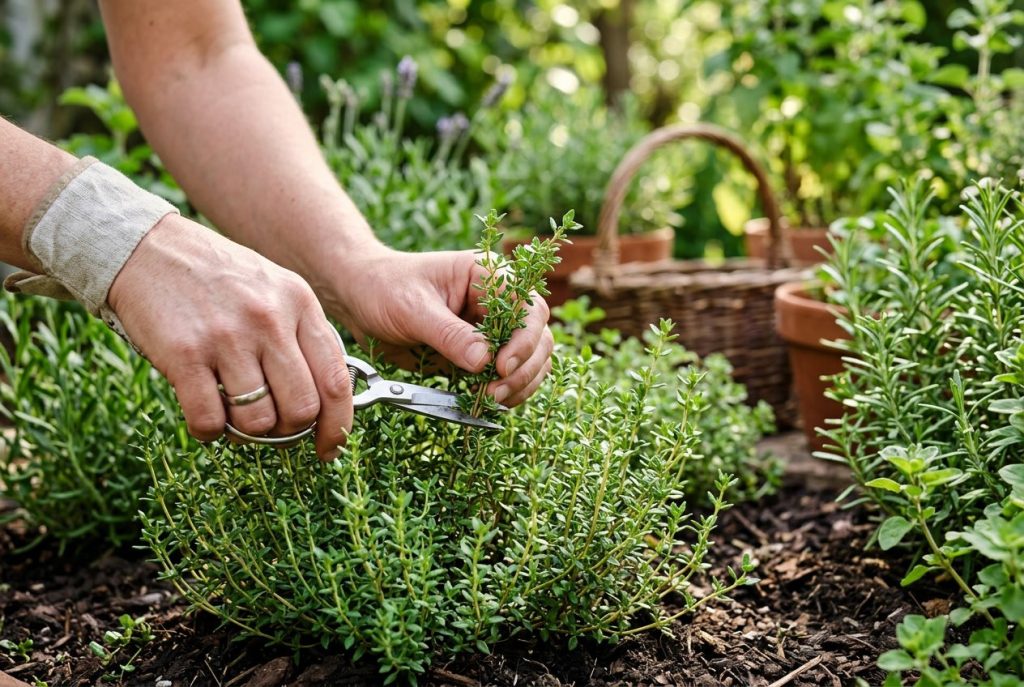 Harvesting fresh thyme sprigs from a healthy thyme plant in a garden.